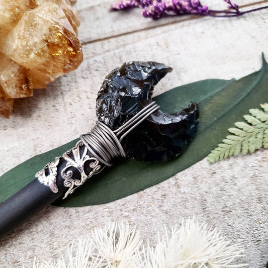 Obsidian moon wooden hair stick