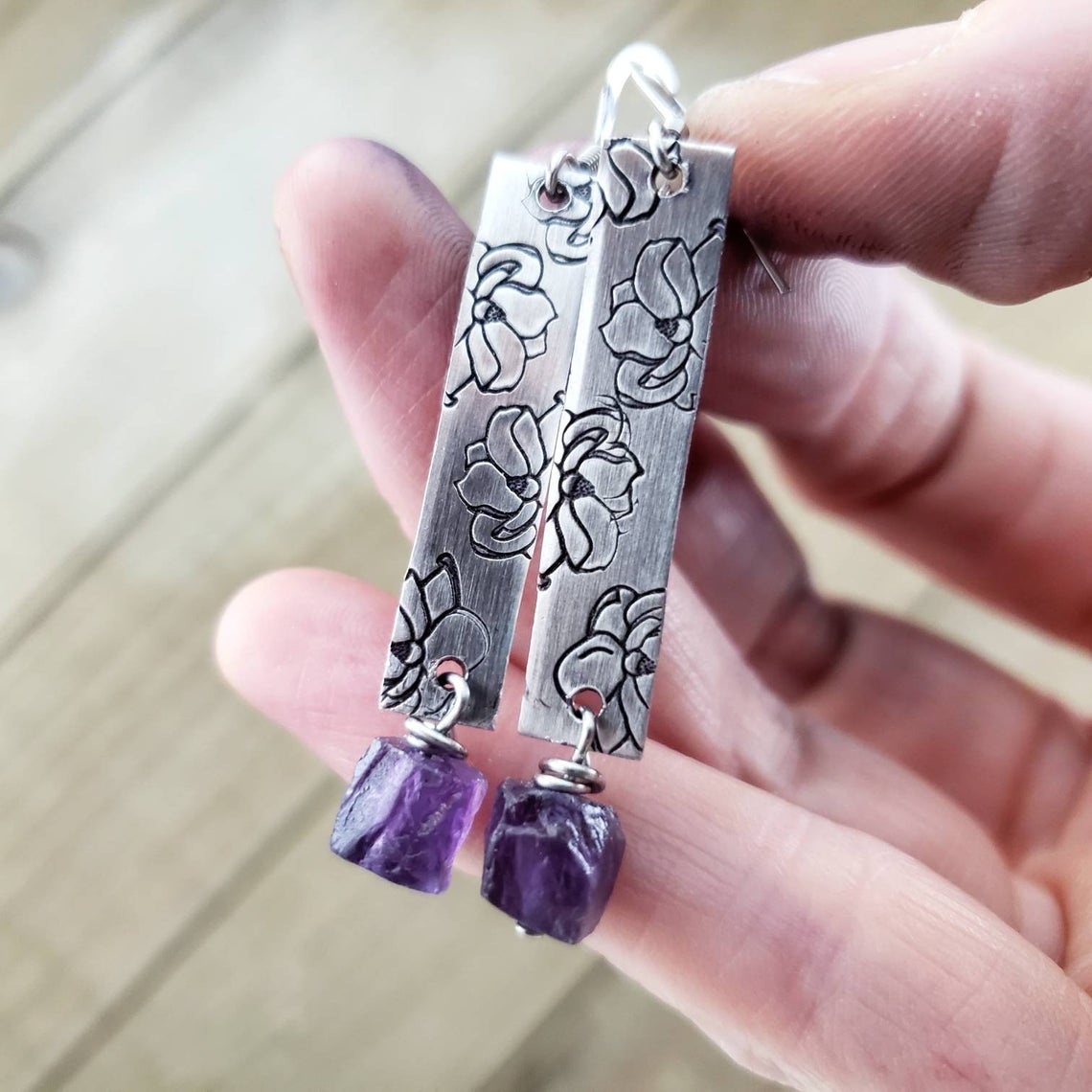 Amethyst stamped magnolia earrings
