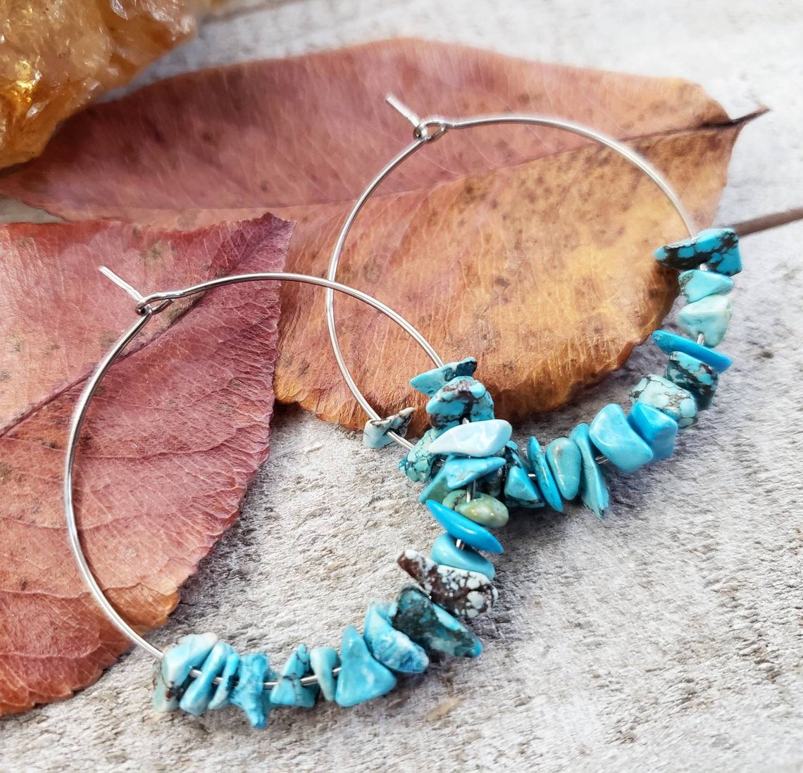 Turquoise stone hoop earrings