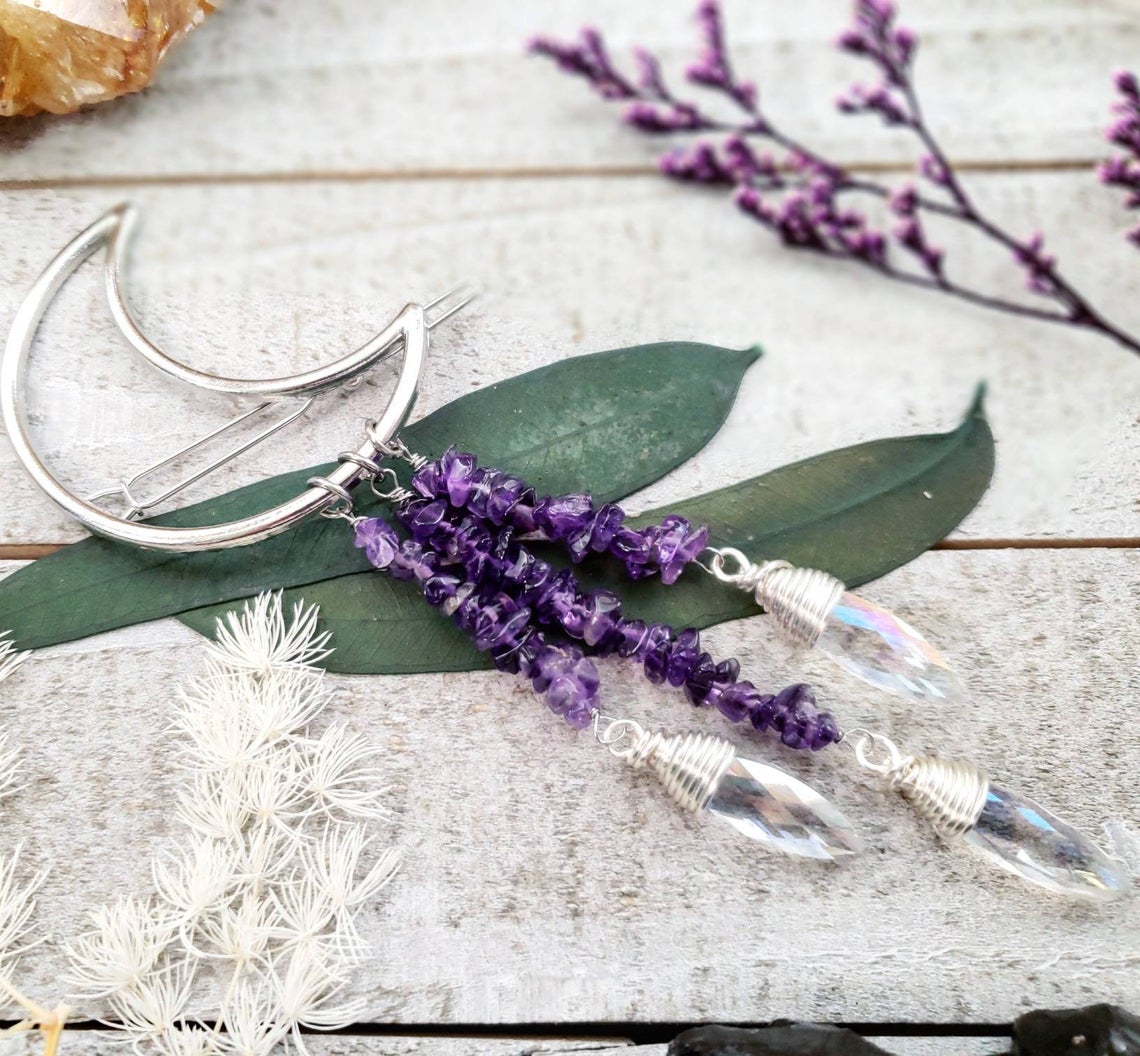 Amethyst silver moon hair clip