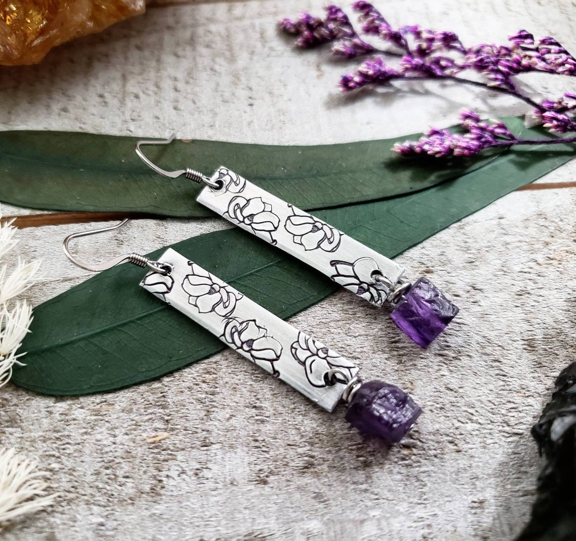 Amethyst stamped magnolia earrings