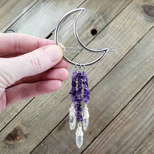 Amethyst silver moon hair clip