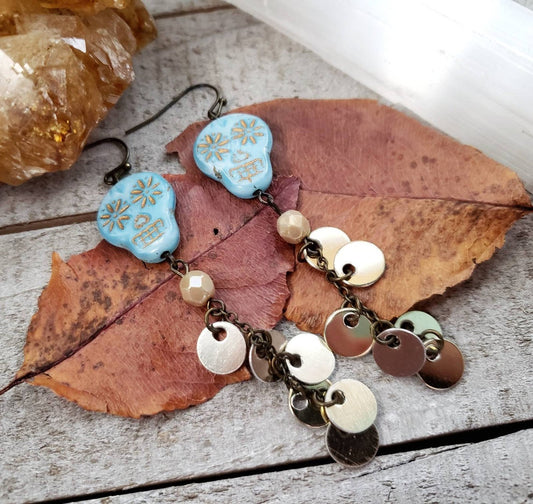 Skull coin duster earrings