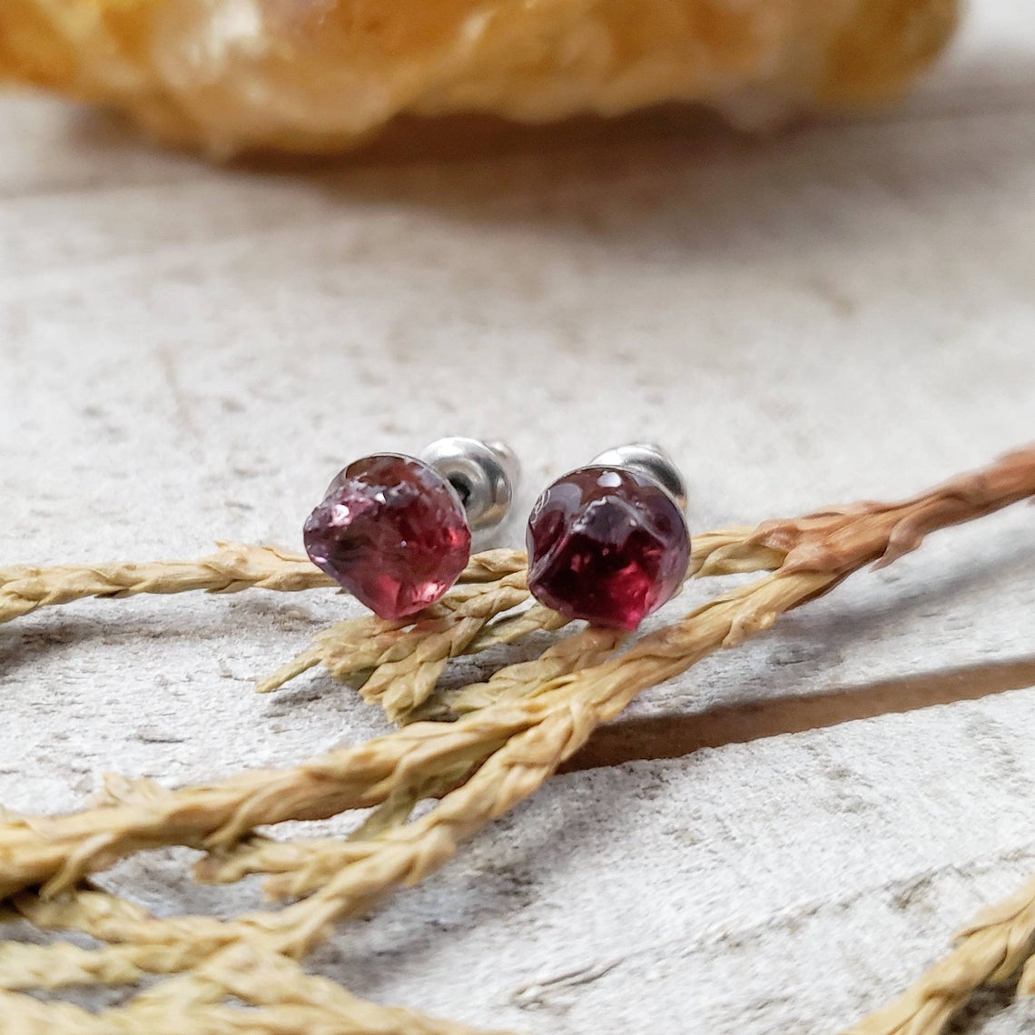 Raw Garnet stud earrings