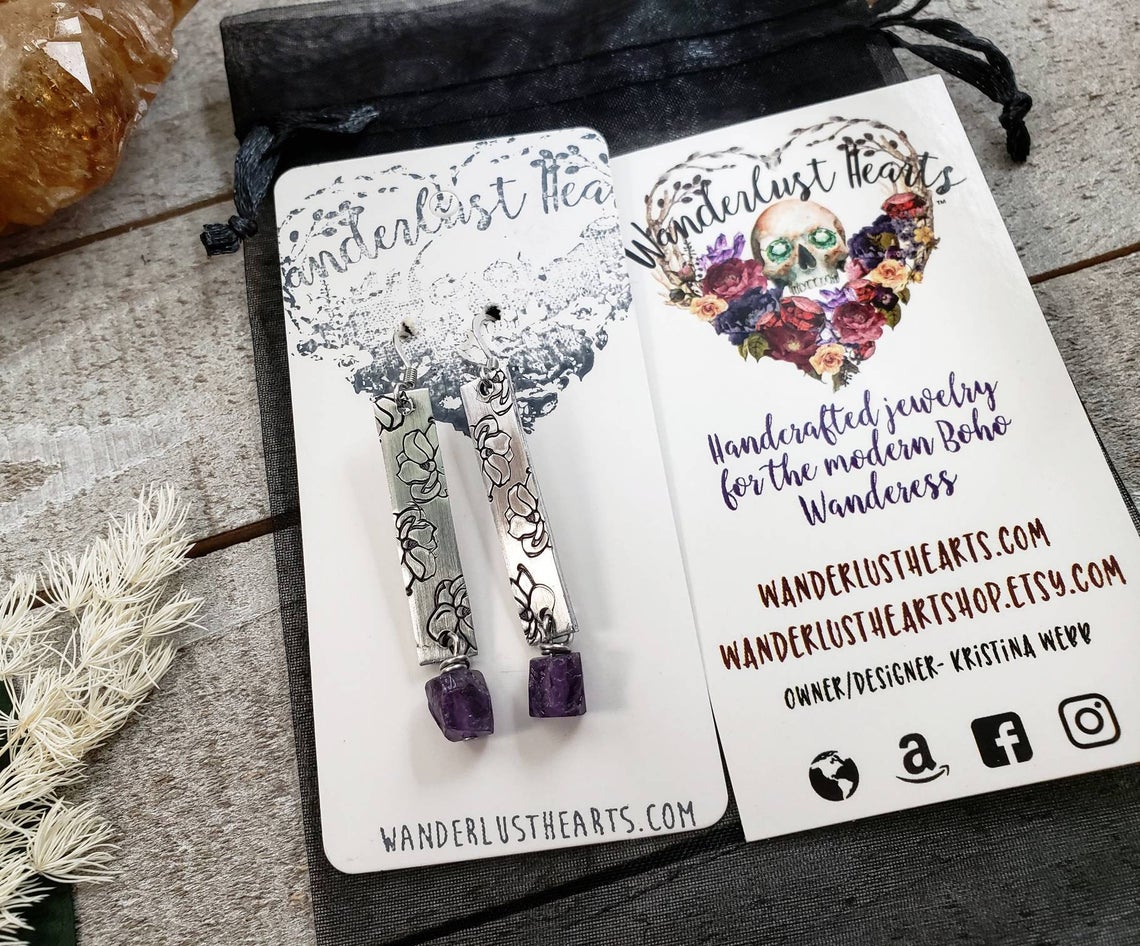 Amethyst stamped magnolia earrings
