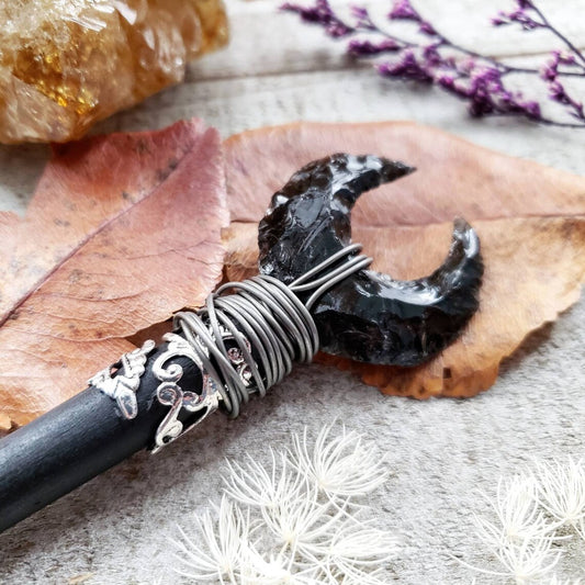 Obsidian moon wooden hair stick