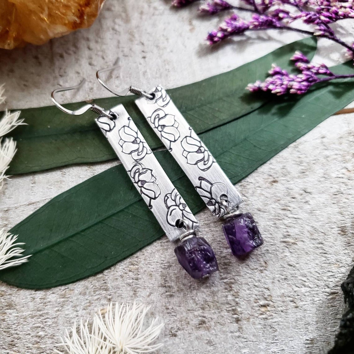 Amethyst stamped magnolia earrings