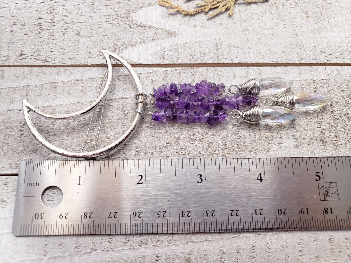 Amethyst silver moon hair clip