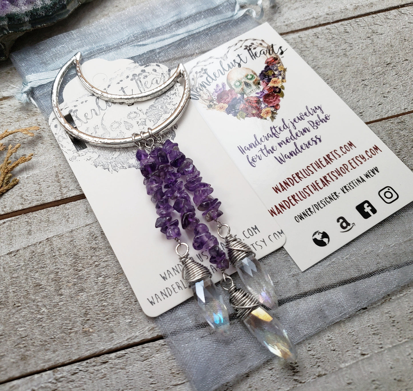 Amethyst silver moon hair clip