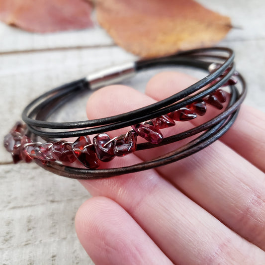 Garnet leather bracelet