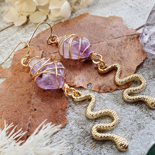 Athena amethyst snake earrings