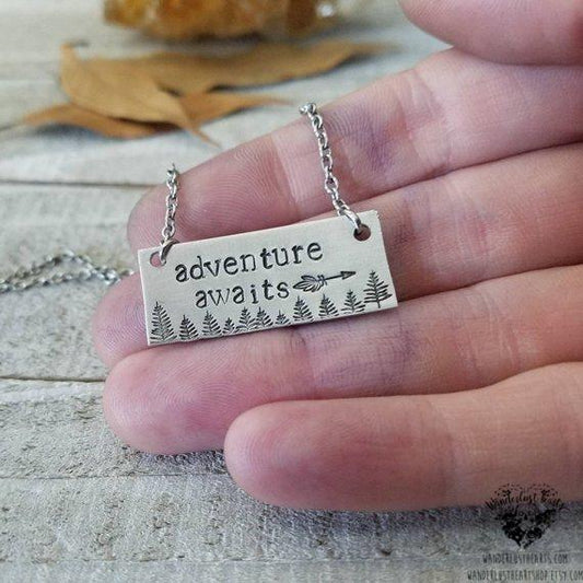Adventure awaits stamped bar necklace-Wanderlust Hearts