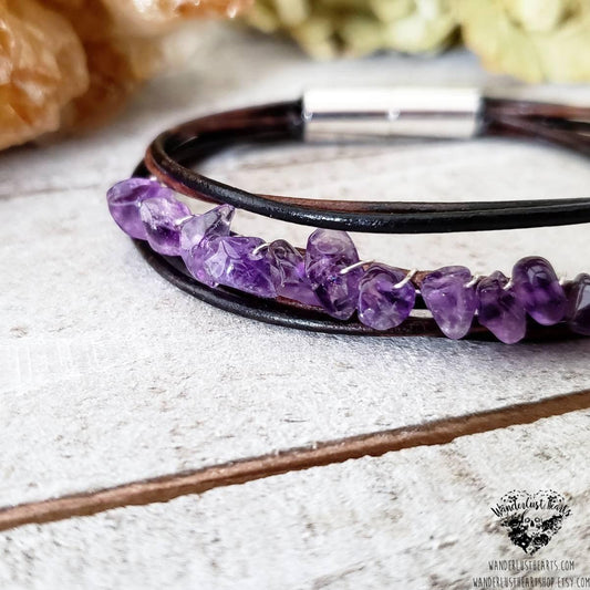 Amethyst leather bracelet-Wanderlust Hearts
