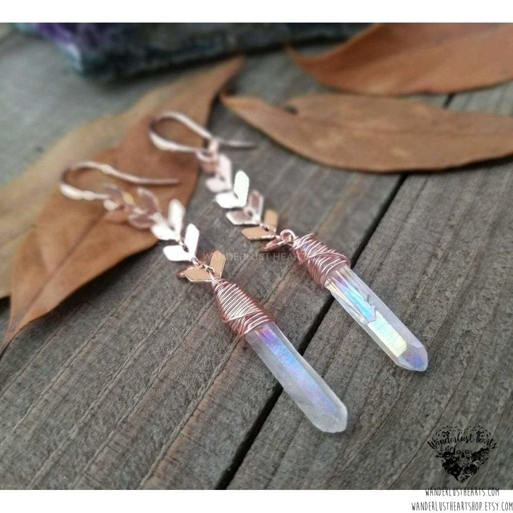 Aura Quartz crystal rose gold earrings-Wanderlust Hearts