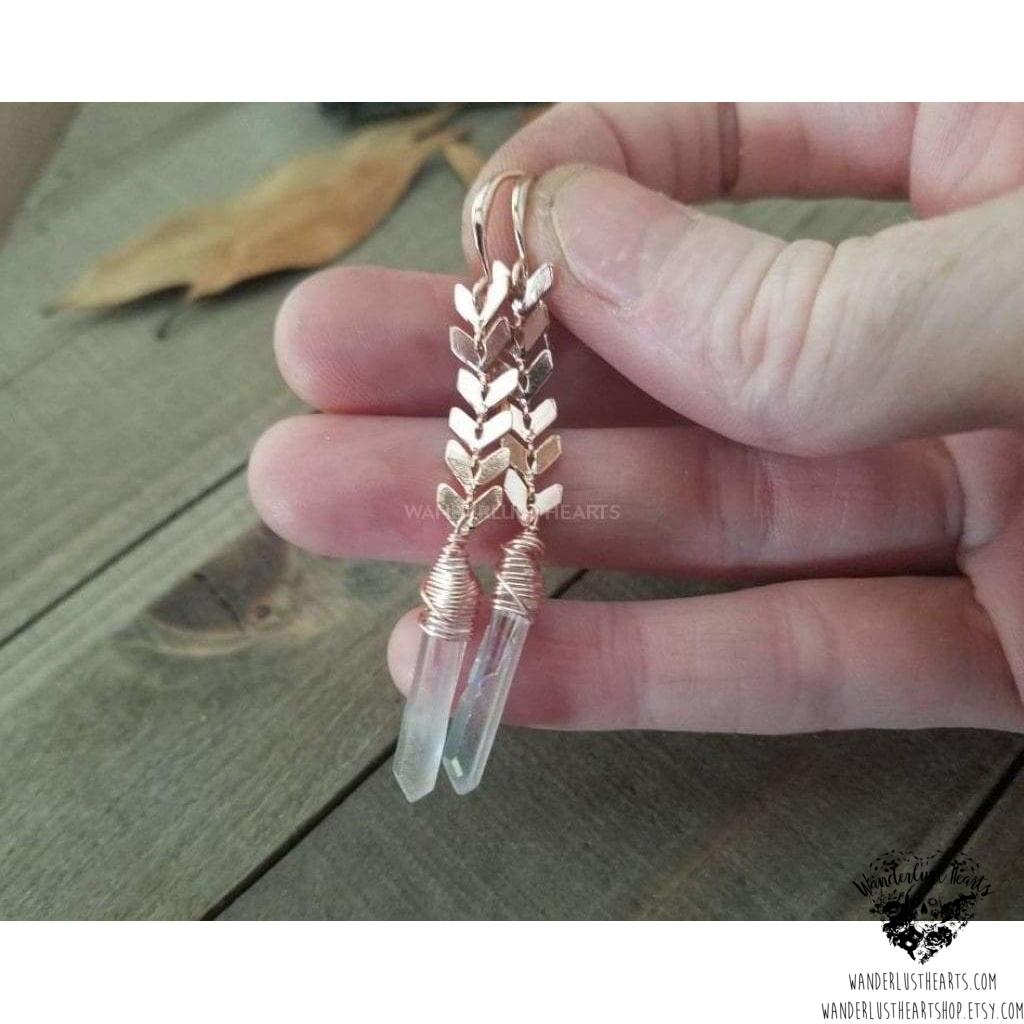 Aura Quartz crystal rose gold earrings-Wanderlust Hearts