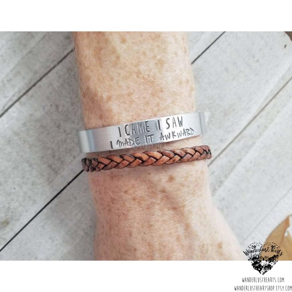 Awkward stamped cuff bracelet-Wanderlust Hearts