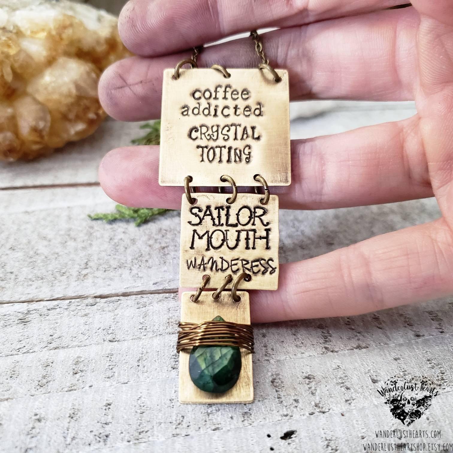 Boho brass stamped necklace-Wanderlust Hearts