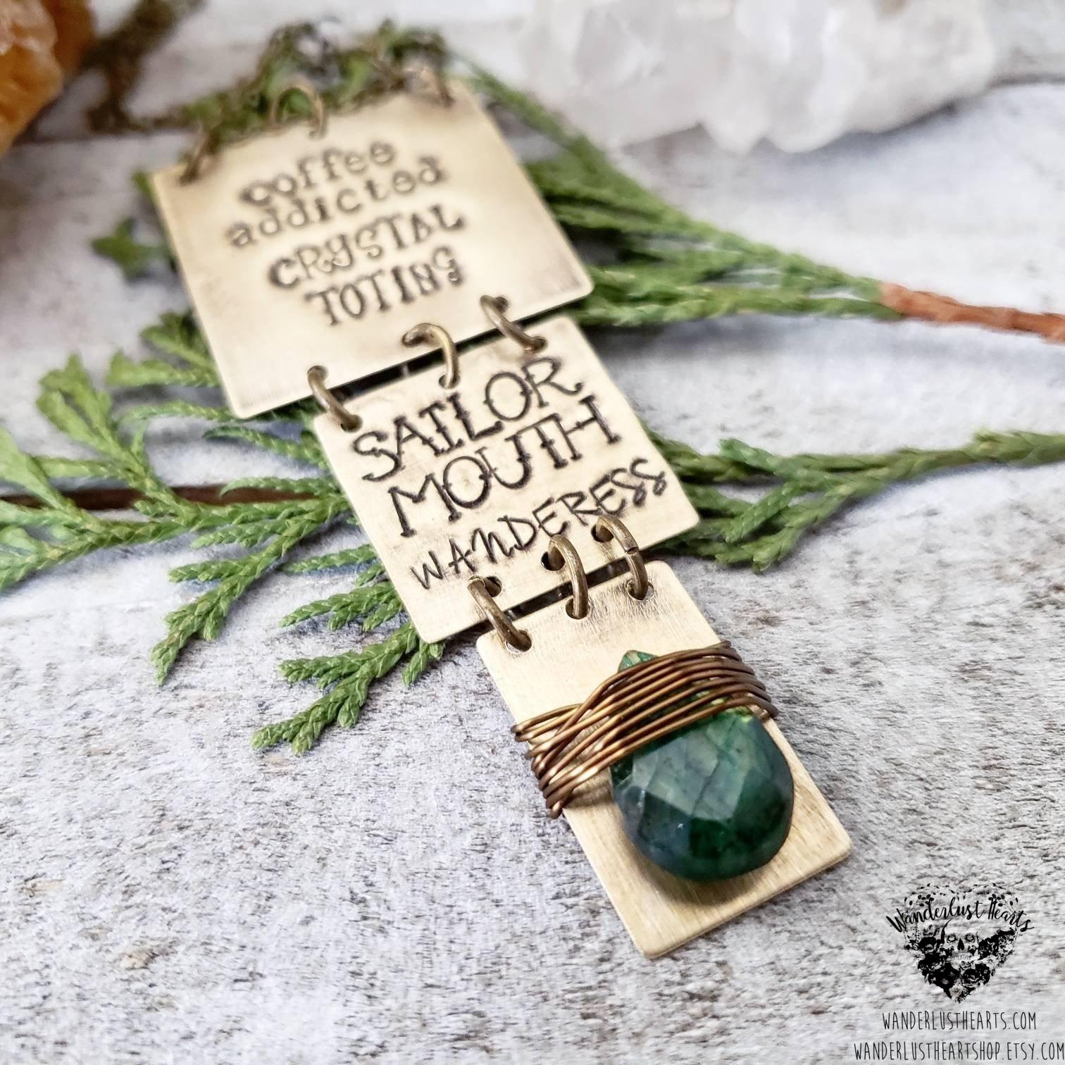 Boho brass stamped necklace-Wanderlust Hearts