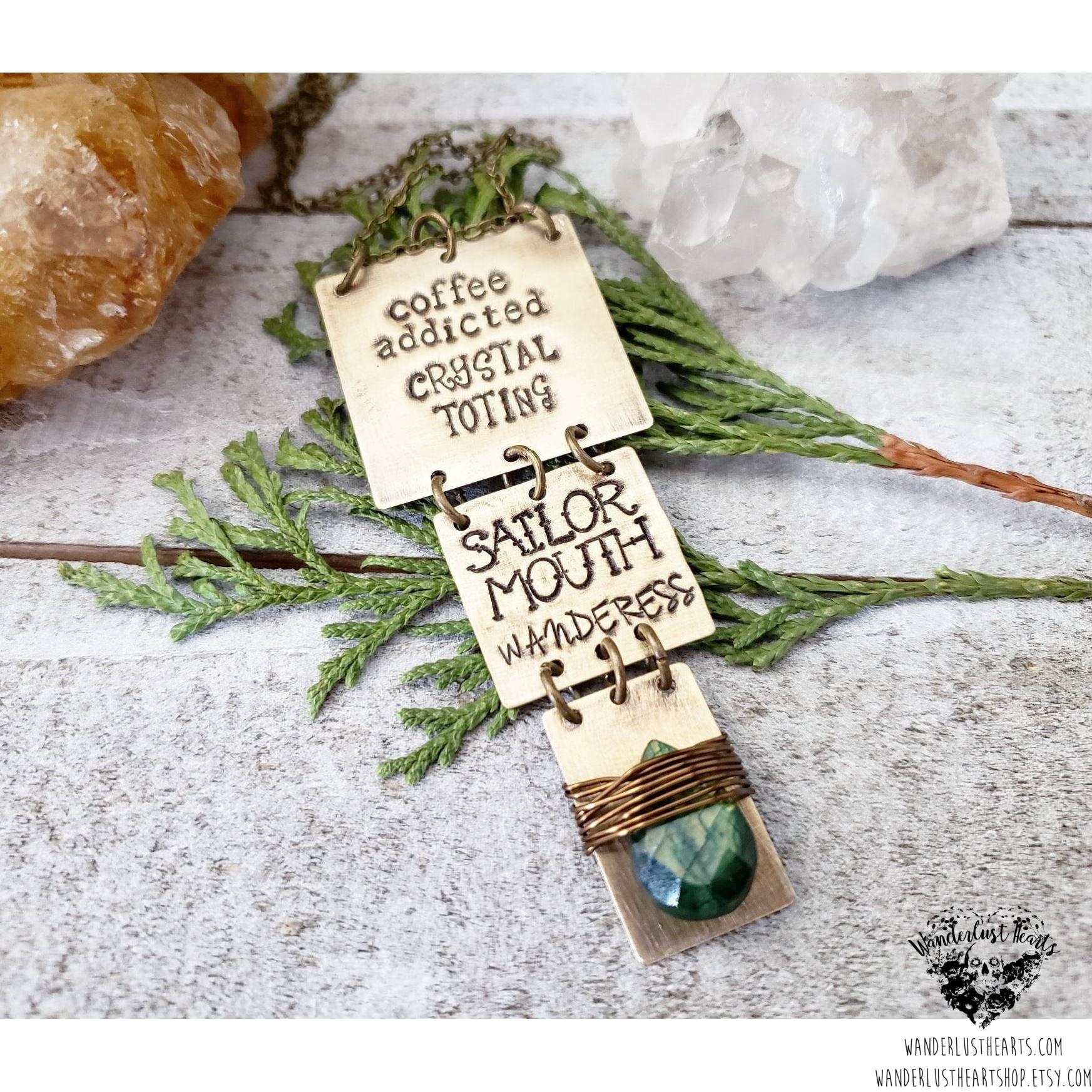 Boho brass stamped necklace-Wanderlust Hearts
