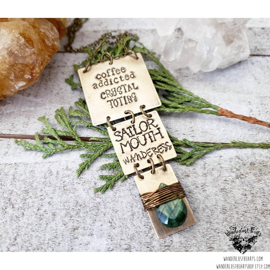 Boho brass stamped necklace-Wanderlust Hearts