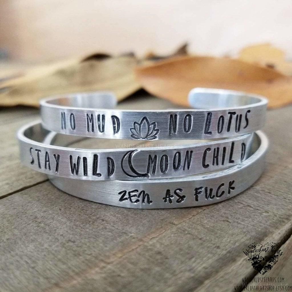 Boho stamped cuff bracelet | Pick your fave quote-Wanderlust Hearts