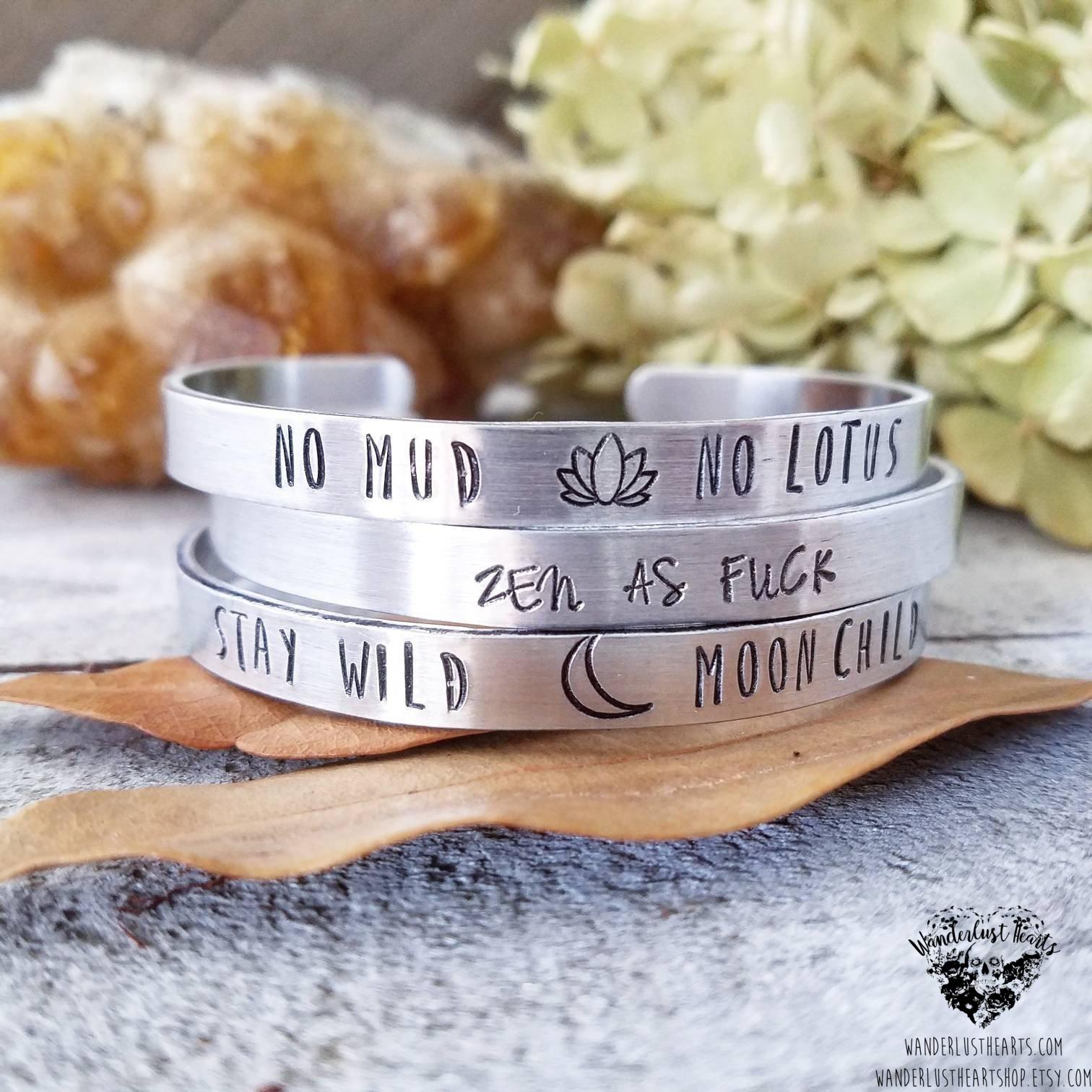 Boho stamped cuff bracelet | Pick your fave quote-Wanderlust Hearts
