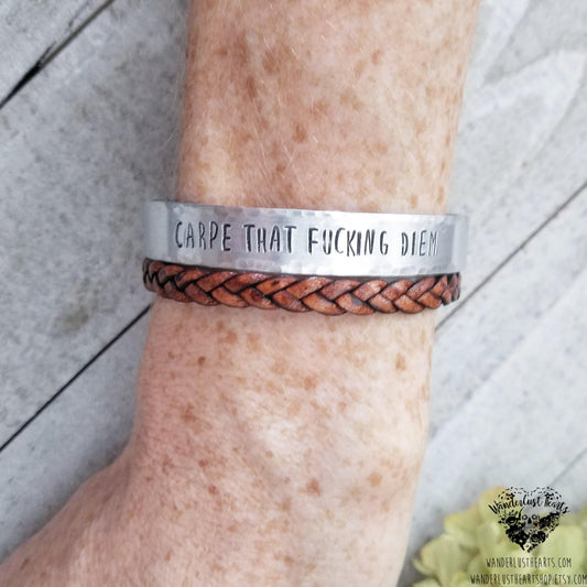 Carpe that f diem Stamped cuff bracelet-Wanderlust Hearts