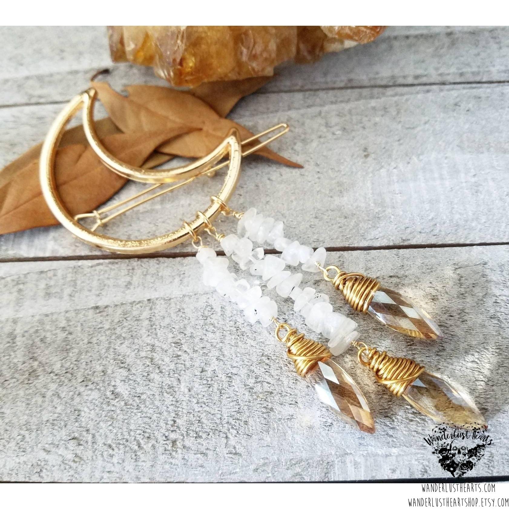 Gold Crescent moon hair clip-Wanderlust Hearts