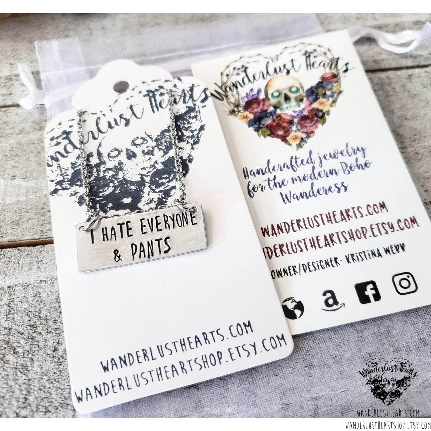 I hate everyone & pants Stamped bar necklace-Wanderlust Hearts