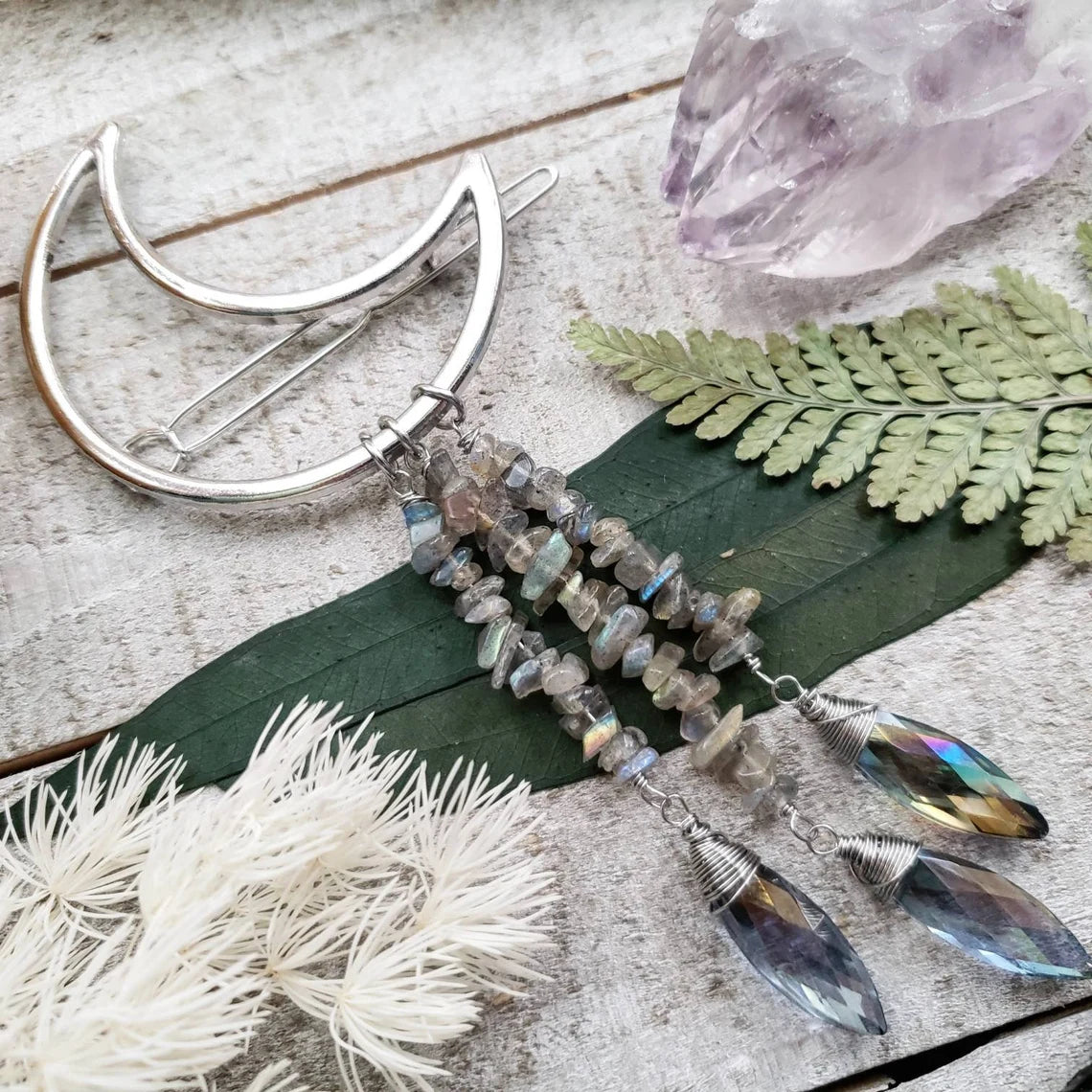 Silver moon Labradorite hair clip