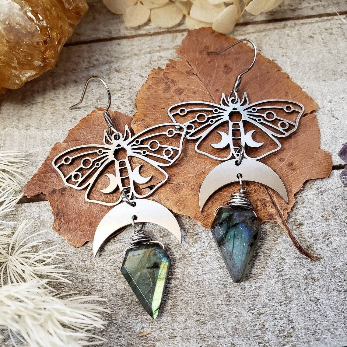 Luna moth labradorite earrings