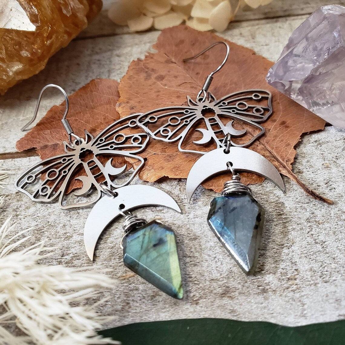 Luna moth labradorite earrings