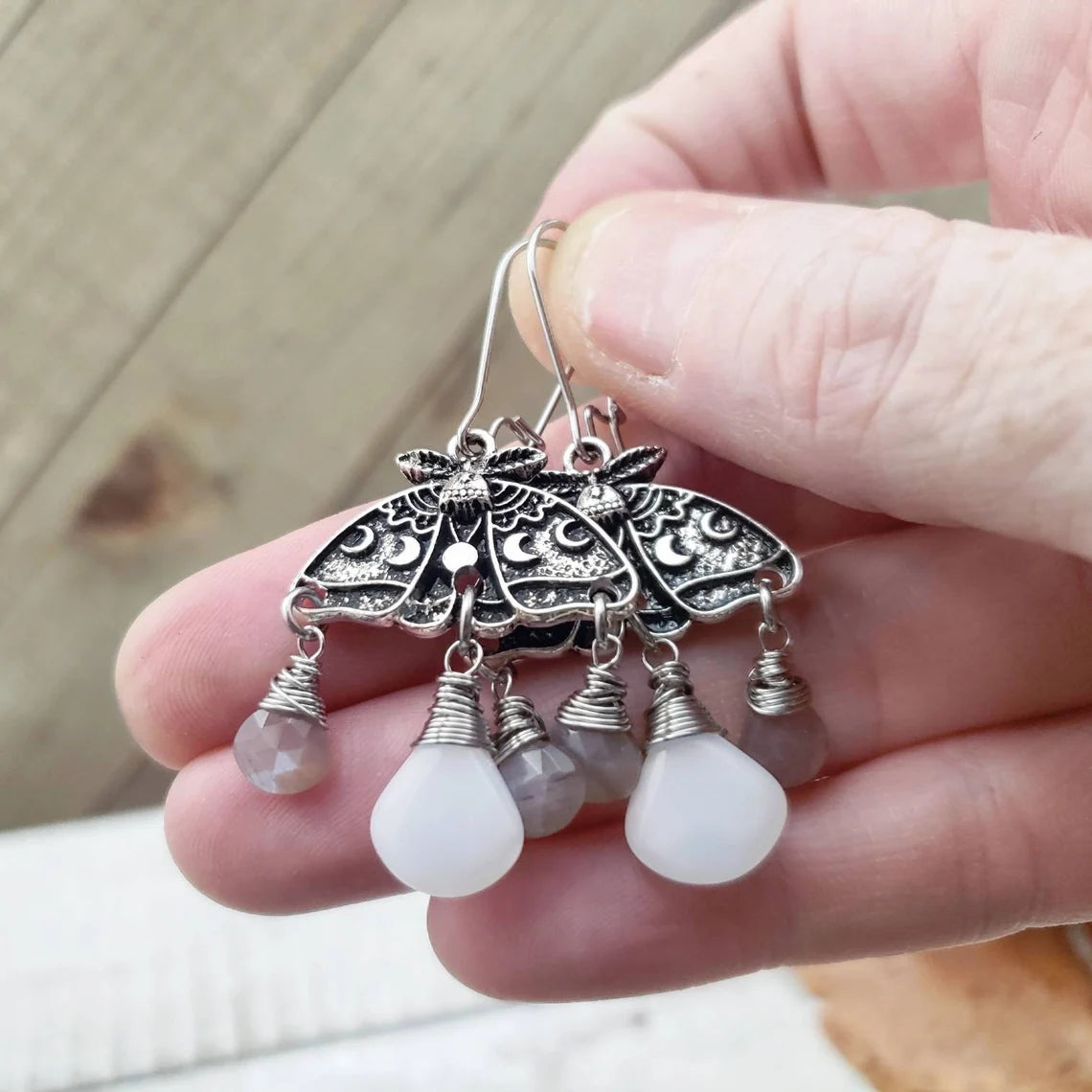 Moon phase moth earrings