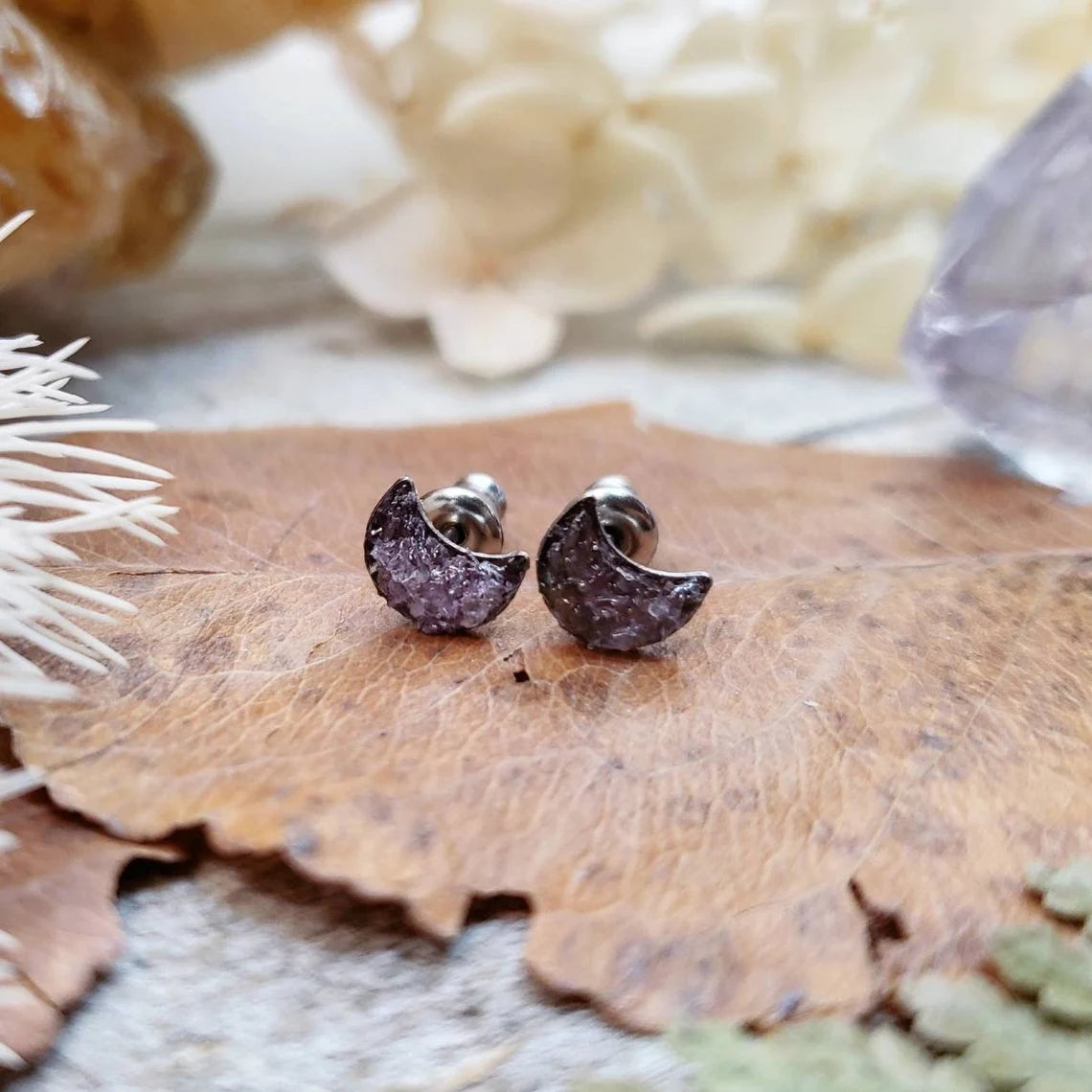 Amethyst moon stud earrings