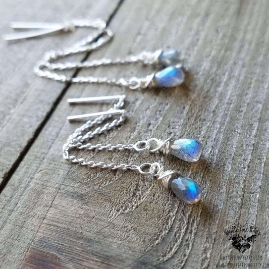 Labradorite Threader earrings | .925 Sterling silver-Wanderlust Hearts
