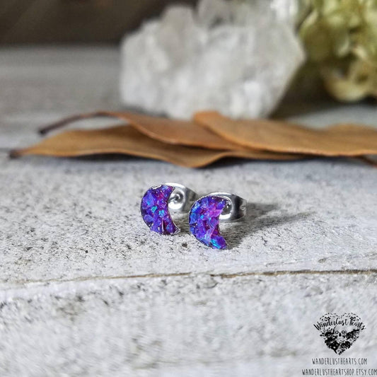 Lavender Opal moon stud earrings-Wanderlust Hearts