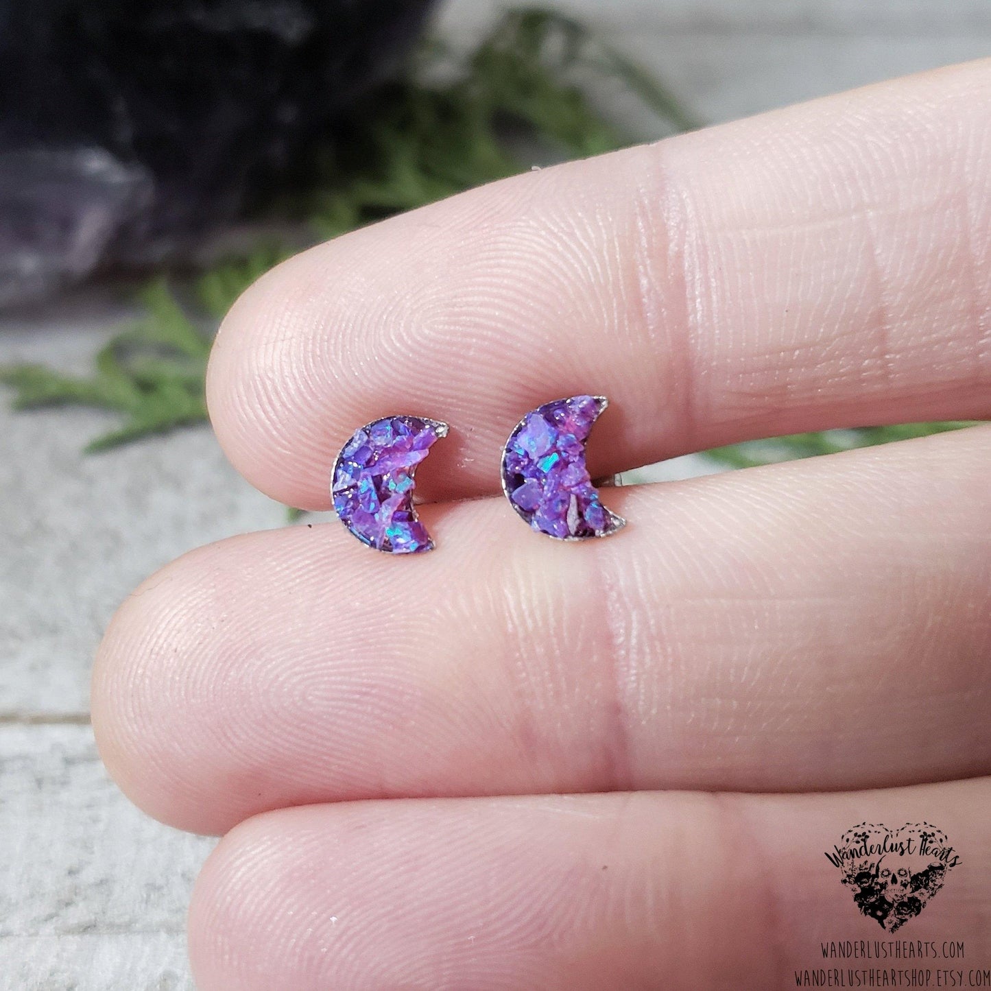 Lavender Opal moon stud earrings-Wanderlust Hearts