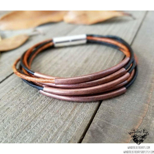 Layered leather bracelet | Copper tube accents-Wanderlust Hearts