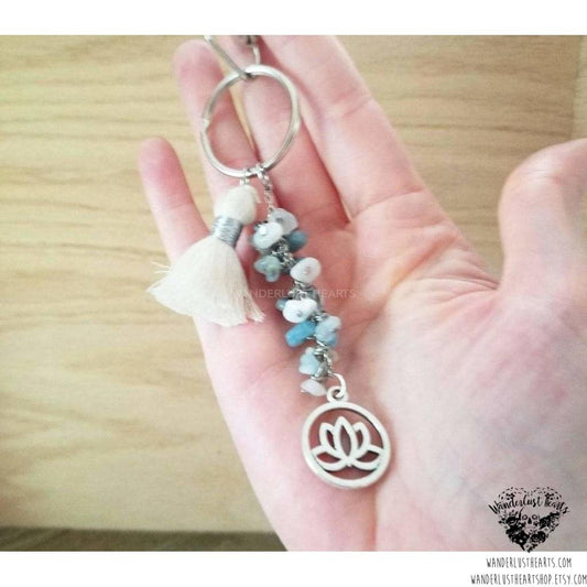Lotus keychain | Aquamarine gemstones-Wanderlust Hearts