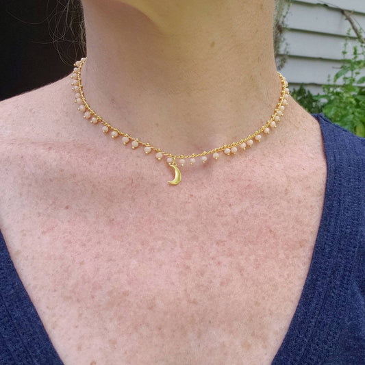 Brass moon beaded necklace
