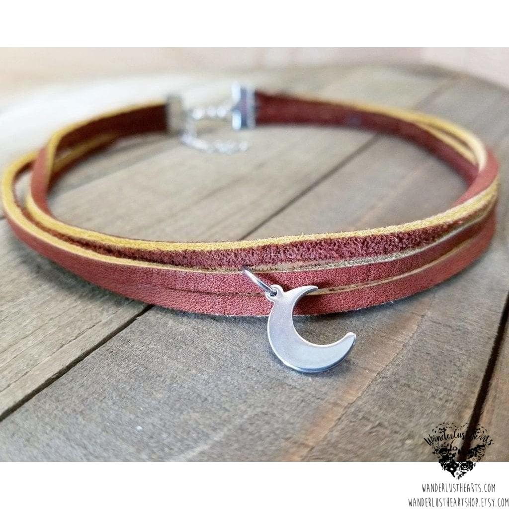 Moon choker necklace | Hand cut brown leather-Wanderlust Hearts