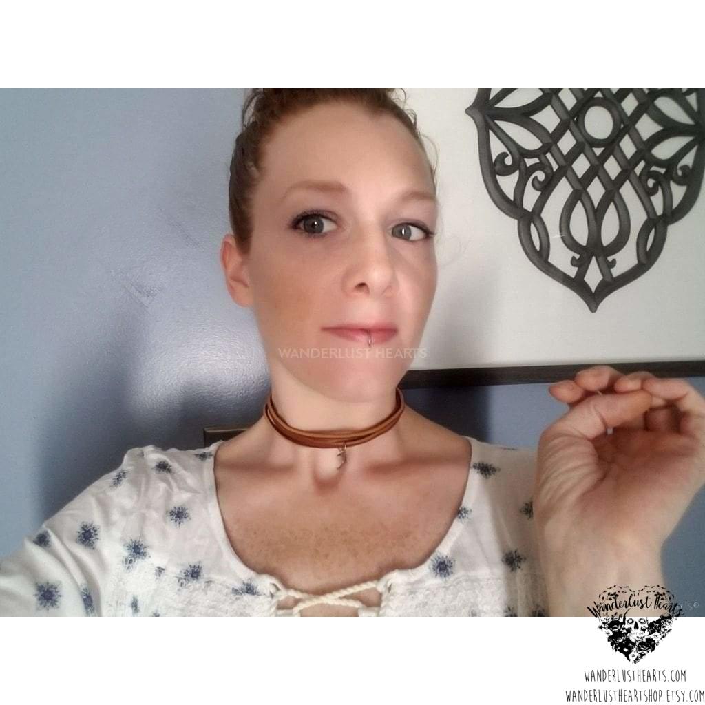 Moon choker necklace | Hand cut brown leather-Wanderlust Hearts