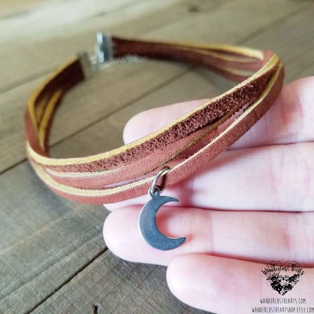 Moon choker necklace | Hand cut brown leather-Wanderlust Hearts
