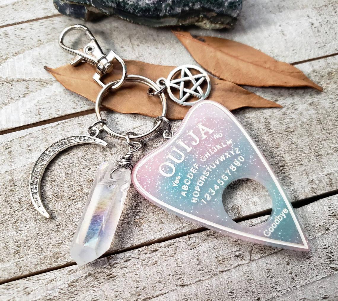 Ouija planchette quartz keychain