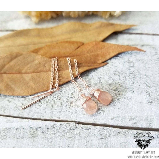 Peach Moonstone threader earrings-Wanderlust Hearts