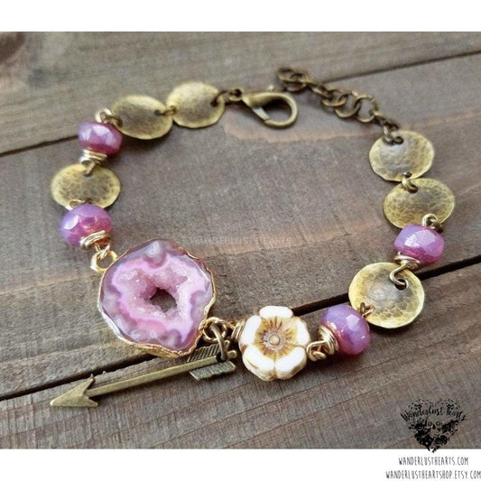 Pink Druzy bracelet | Hammered brass-Wanderlust Hearts