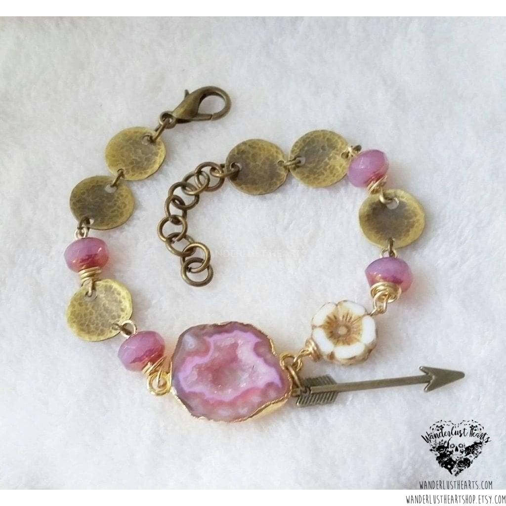 Pink Druzy bracelet | Hammered brass-Wanderlust Hearts