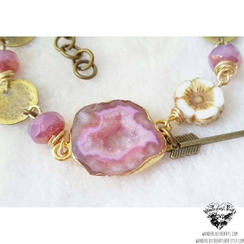 Pink Druzy bracelet | Hammered brass-Wanderlust Hearts