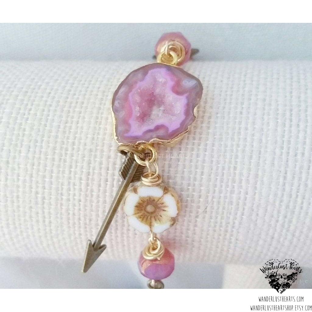 Pink Druzy bracelet | Hammered brass-Wanderlust Hearts