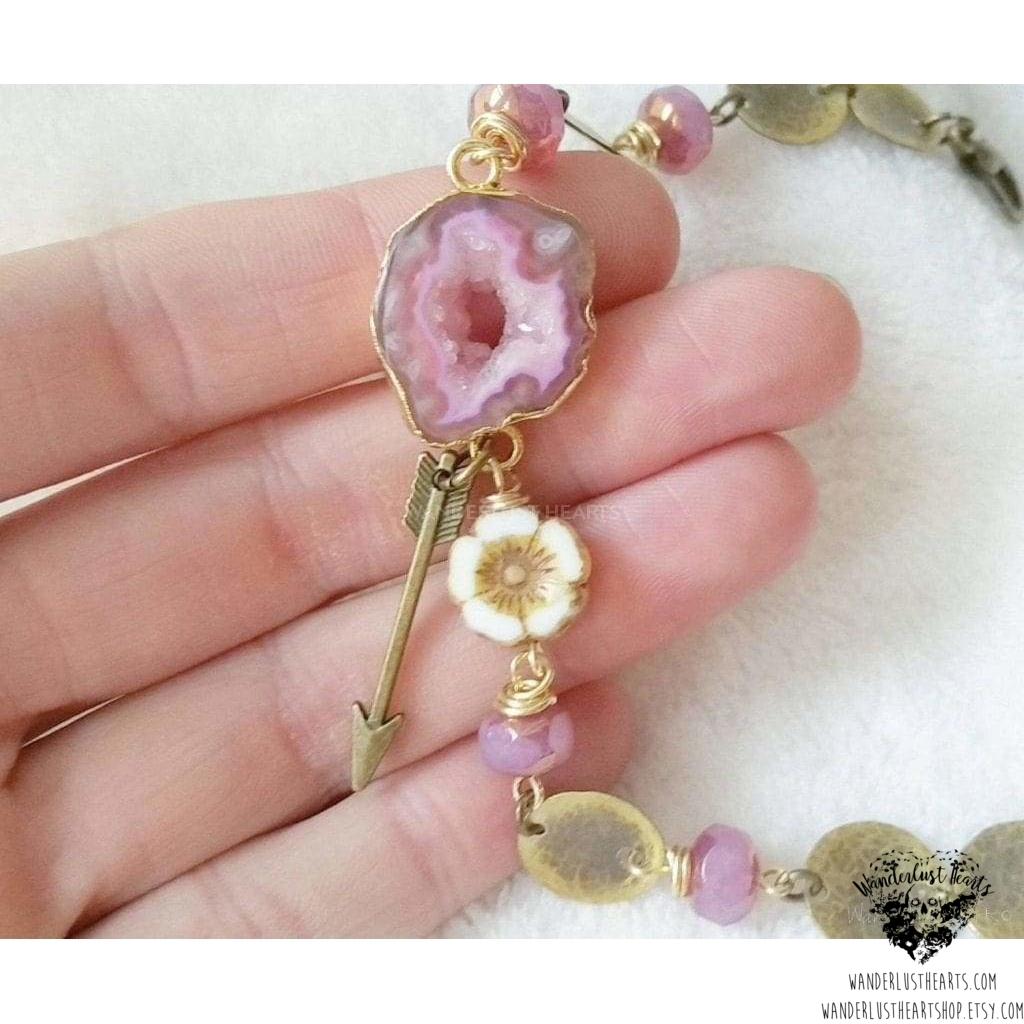 Pink Druzy bracelet | Hammered brass-Wanderlust Hearts